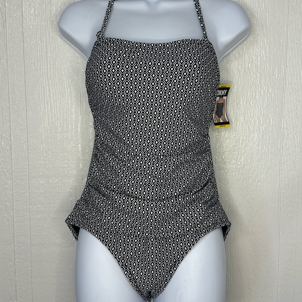 NWT DKNY Womens One Piece Diamond Pattern Bathing Suit Swimming Summer Suit Sz M